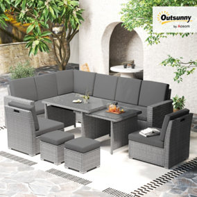 Outsunny 10-Seater Sofa Sectional w/ Cushioned Seat, Footstools and Glass Table