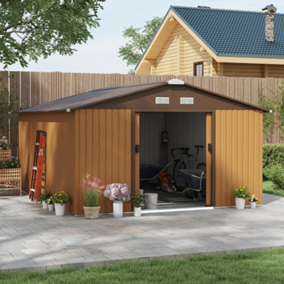 Outsunny 13 x 11ft Garden Shed Storage w/ Foundation Kit, Vent, Light Brown