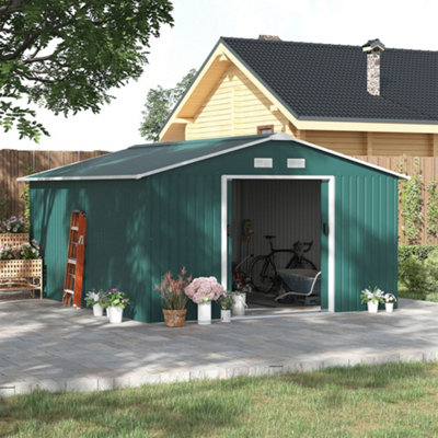 Outsunny 13 x 11ft Garden Shed Storage with Foundation Kit and Vents, Green