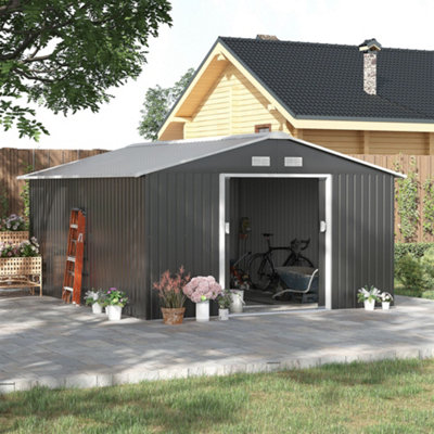 Outsunny 13 X 11ft Outdoor Garden Storage Shed 2 Doors Galvanised Metal Grey