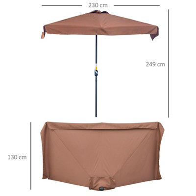 Outsunny 2.3m Half Round Parasol Garden Sun Umbrella Metal w/ Crank Brown - 3