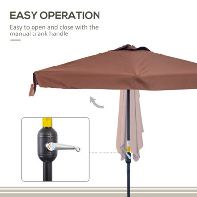Outsunny 2.3m Half Round Parasol Garden Sun Umbrella Metal w/ Crank Brown - 5