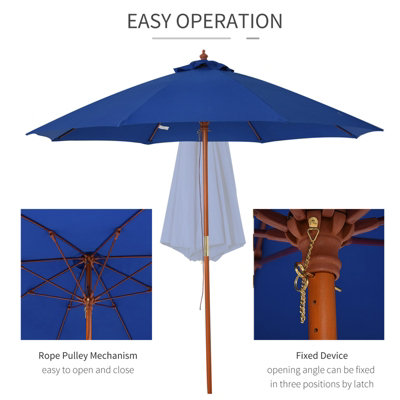 Outsunny 2.5m Wooden Garden Parasol Outdoor Umbrella Canopy Vent Blue - 4
