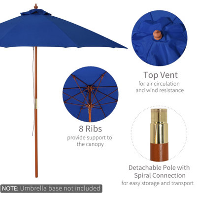 Outsunny 2.5m Wooden Garden Parasol Outdoor Umbrella Canopy Vent Blue - 5