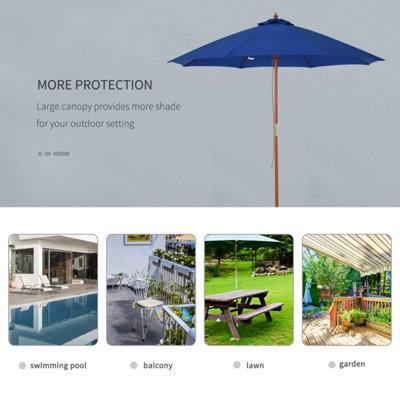 Outsunny 2.5m Wooden Garden Parasol Outdoor Umbrella Canopy Vent Blue - 6