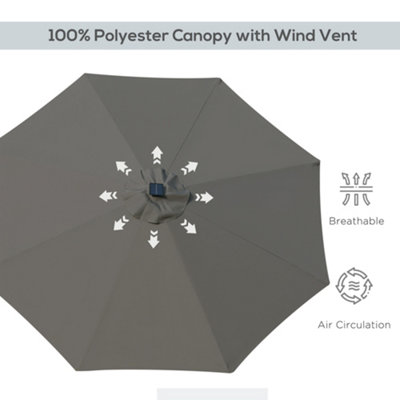 Outsunny 2.7m Patio LED Umbrella with Push Button Tilt Crank 8 Ribs Grey