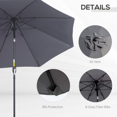 Outsunny 2.7M Patio Umbrella Outdoor Sunshade Canopy Tilt and Crank Grey - 6