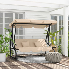 Outsunny 2-in-1 Garden Swing Chair for 3 Person w/ Adjustable Canopy Light Brown