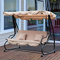 Outsunny 2-in-1 Garden Swing Chair for 3 Person withAdjustable Canopy Light Brown