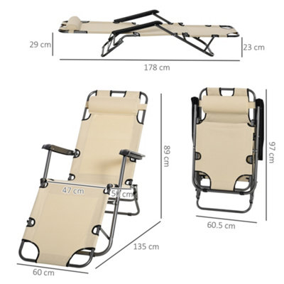 Outsunny 2 in 1 Outdoor Folding Sun Lounger w/ Adjustable Back and Pillow Beige - 3