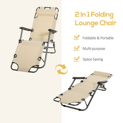 Outsunny 2 in 1 Outdoor Folding Sun Lounger w/ Adjustable Back and Pillow Beige - 4