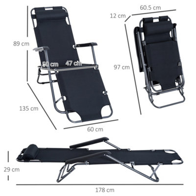 Outsunny 2 in 1 Outdoor Folding Sun Lounger w/ Adjustable Back and Pillow Black