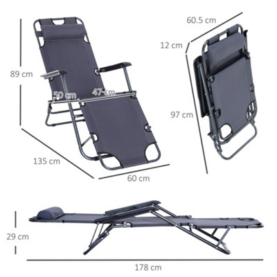 Outsunny 2 in 1 Outdoor Folding Sun Lounger w/ Adjustable Back and Pillow Grey - 3