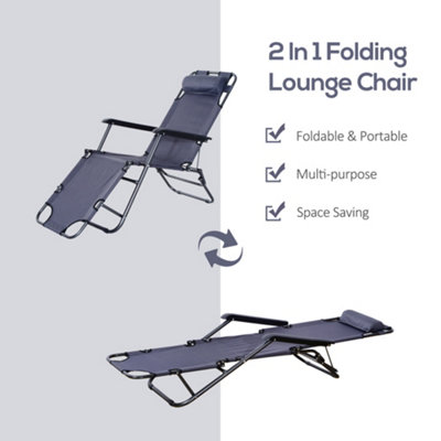 Outsunny 2 in 1 Outdoor Folding Sun Lounger w/ Adjustable Back and Pillow Grey - 4