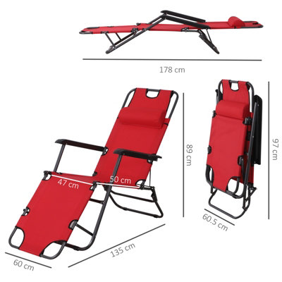Outsunny 2 in 1 Outdoor Folding Sun Lounger w/ Adjustable Back and Pillow Red