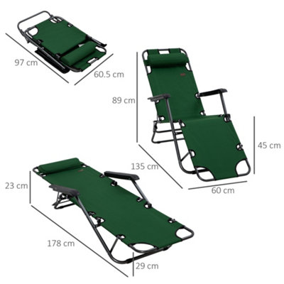 Outsunny 2 in 1 Outdoor Folding Sun Lounger with Adjustable Back and Pillow Green - 3
