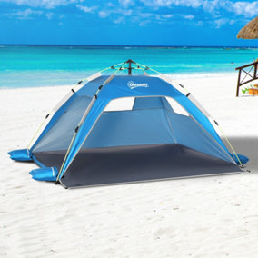 Outsunny 2 Man Pop-up Beach Tent Sun Shade Shelter Hut with Windows Door Blue