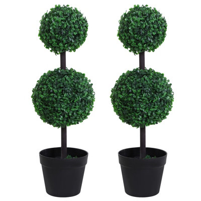 Outsunny 2 PCS Artificial Double Ball Tree w/ Pot Home Decoration Imitation 15cm