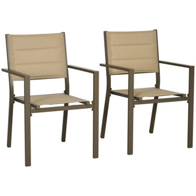 Outsunny 2 PCs Dining Chairs, Stackable Design Aluminium Ouutdoor Armchairs Khaki