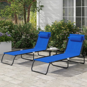 Outsunny 2 Pcs Folding Beach Chair Chaise Lounge 4 Adjustable Positions, Blue