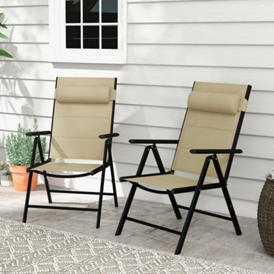 Outsunny 2 PCS Outdoor Folding Chairs, Dining Chairs w/ Padded Filling, Khaki