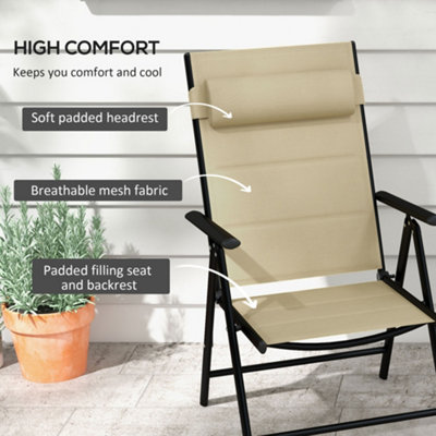 Outsunny 2 PCS Outdoor Folding Chairs, Dining Chairs w/ Padded Filling, Khaki
