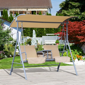 Outsunny 2 Person Covered Patio Swing with Pivot Table Storage Console Beige