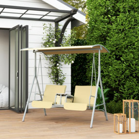 Outsunny 2 Person Covered Patio Swing with Pivot Table & Storage Console Beige