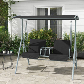 Outsunny 2 Person Covered Patio Swing with Pivot Table & Storage Console Black