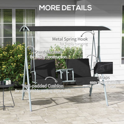 Outsunny 2 Person Covered Patio Swing with Pivot Table & Storage Console Black - 6