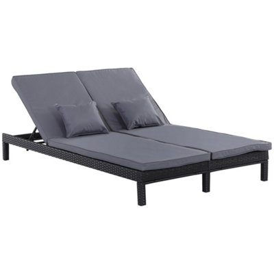 Outsunny 2 Person Rattan Lounger Adjustable Double Chaise Chair with Cushion Black