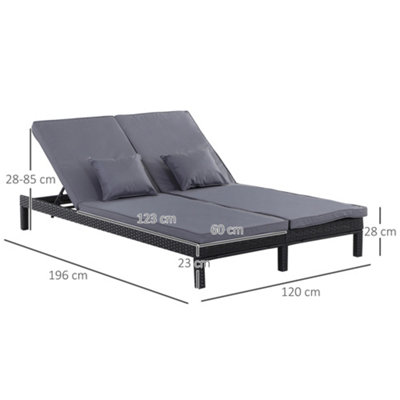 Outsunny 2 Person Rattan Lounger Adjustable Double Chaise Chair with Cushion Black - 3