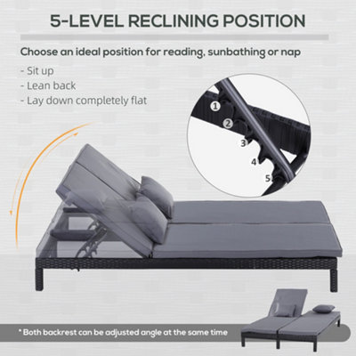 Outsunny 2 Person Rattan Lounger Adjustable Double Chaise Chair with Cushion Black - 5