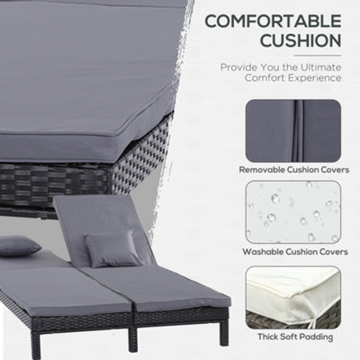 Outsunny 2 Person Rattan Lounger Adjustable Double Chaise Chair with Cushion Black - 6