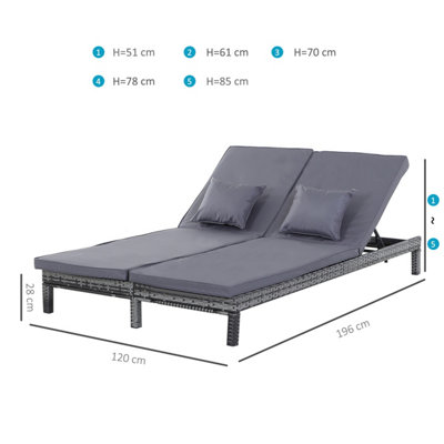 Outsunny 2 Person Rattan Lounger Adjustable Double Chaise Chair with Cushion Grey - 3