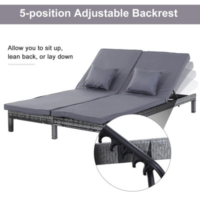 Outsunny 2 Person Rattan Lounger Adjustable Double Chaise Chair with Cushion Grey - 6