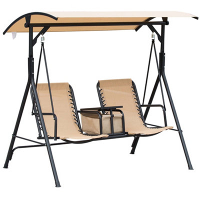 Outsunny 2 Person Swing Chair with Pivot Table Middle Storage Console, Beige