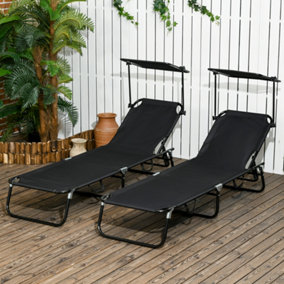 Outsunny 2 Piece Folding Sun Loungers with Adjustable Backrest, Sunshade, Black