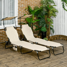 Outsunny 2 Piece Folding Sun Loungers with Adjustable Backrest, Tan Brown