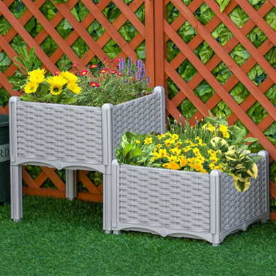 Outsunny 2-pieces Elevated Flower Bed Vegetable Herb Planter Plastic, Grey