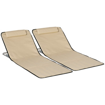 Outsunny 2 Pieces Outdoor Beach Mat Steel Reclining Chair Set w/ Pillow Beige
