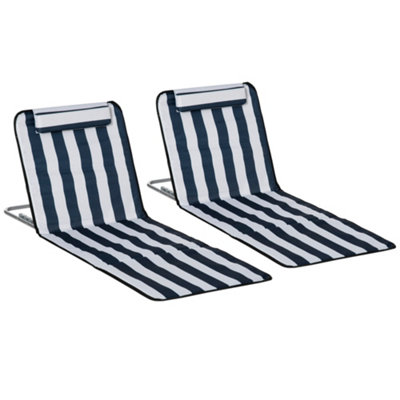 Outsunny 2 Pieces Outdoor Beach Mat Steel Reclining Chair Set w/ Pillow Blue