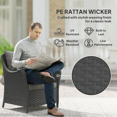 Outsunny 2 Pieces Rattan Garden Chairs, Cushioned Rattan Chairs, Dark Grey