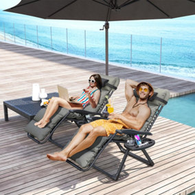 Outsunny 2 Pieces Zero Gravity Chairs, Reclining Folding Sun Lounger, Grey