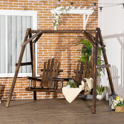 Outsunny 2 Seat Wooden Porch Swing A-Frame Rustic Patio Bench Outdoor with Table