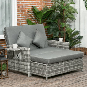 Outsunny 2 Seater Assembled Garden Patio Outdoor Rattan Furniture Sofa Sun Lounger Daybed with Fire Retardant Sponge - Grey