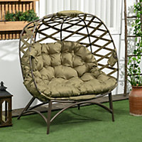 Outsunny 2 Seater Egg Chair Outdoor with Cushion, Cup Pockets - Khaki