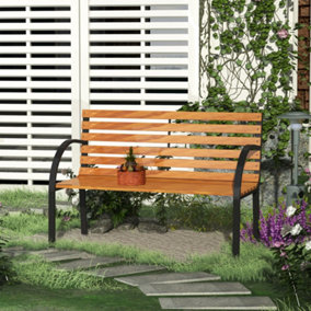 Outsunny 2 Seater Garden Bench Metal Wooden Slatted Seat Backrest Patio Chair