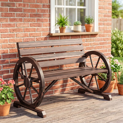 Outsunny 2 Seater Garden Bench w/ Wooden Cart Wagon Wheel Brown