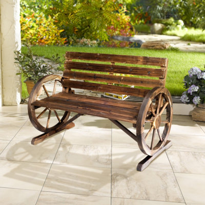 Outsunny 2 Seater Garden Bench w/ Wooden Cart Wagon Wheel Brown